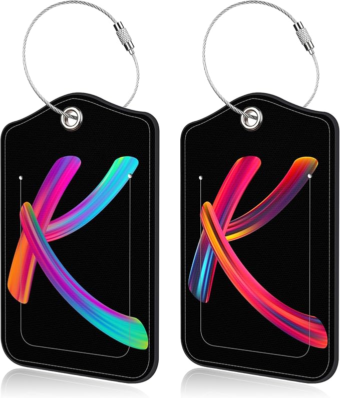 Luggage Tags for Suitcase,2 Pack Neon Colorful Letters Luggage Tags,Leather Baggage Tags Identifiers with Privacy Name Address Labels and Metal Loop for Women Men Girls Travel,Letter K
