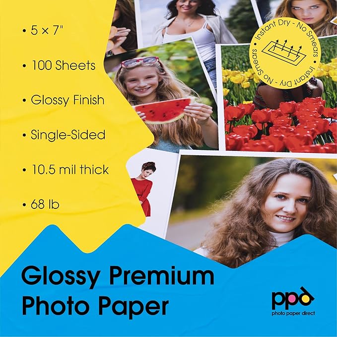 PPD Glossy Photo Paper for Inkjet Printer, 5 x 7" Premium Quality Printable Sheets for Custom Picture, Professional Photographic Instant Dry For with Normal, Dye or Pigment Ink (100 Pack/280 gsm)