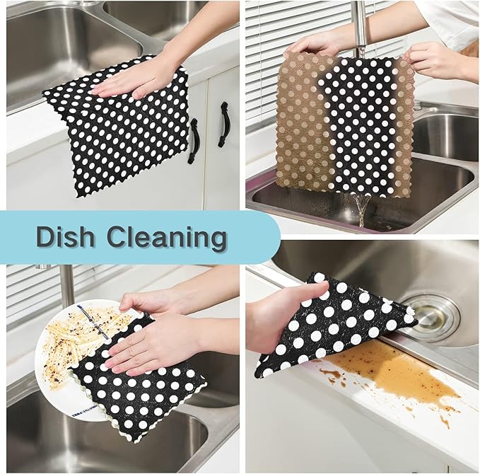 CaTaKu Polka Dot Microfiber Reusable Cleaning Cloths Kitchen Dish Cloths Dish Rags for Washing Dishes, Black and White Dish Towels Washcloths for Kitchen Drying, 6 Pack