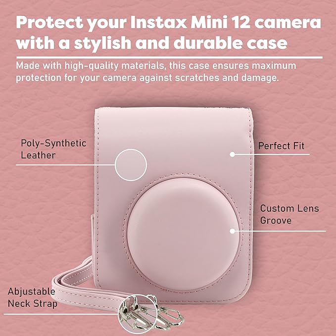 Fujifilm Instax Mini 12 Instant Camera Bundle with Fujifilm Instax Mini Instant Film Value Pack (60 Sheets) with Accessories Including Protective Case, Strap, Photo Album (Blosssom Pink)