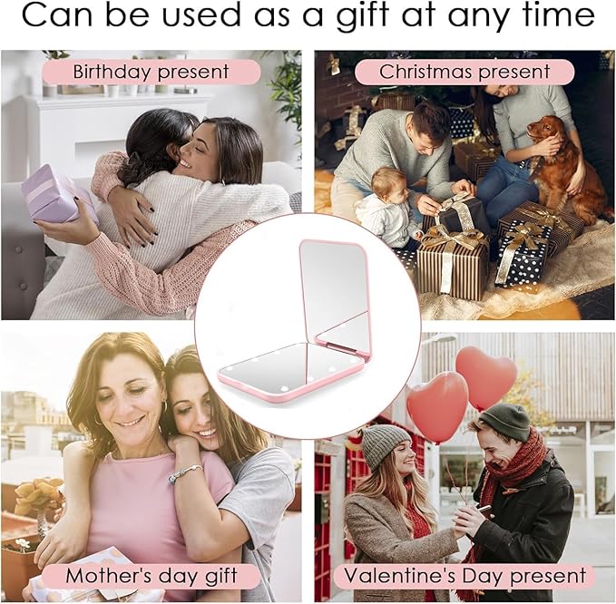 Compact Mirror, 1x/3x Magnification Mini Mirror for Purse, Pocket, Handheld, Stocking Stuffers, Travel Makeup, 2-Sided Foldable, Small Mirror with Led Lights