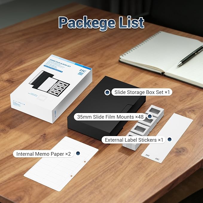 JJC 35mm Slide Storage Box Kit - Archival Safe Pull-Out Case Holds 96 Mounted Slides, with 12 Acid-Free Pages & 48 Empty Slide Mounts for Archiving & Lightbox Viewing
