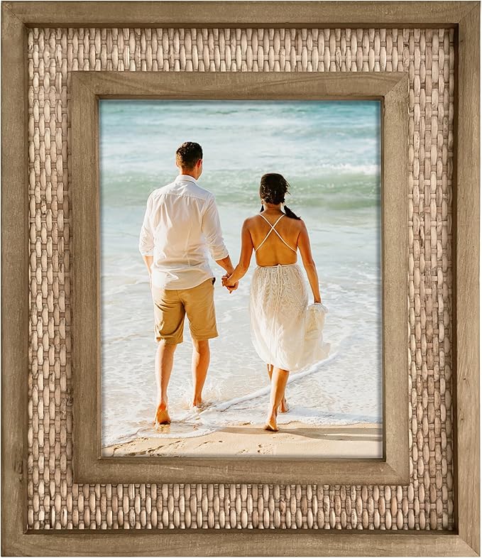 Rattan Picture Frame for 8x10 Photos – Natural Fir Wood with Woven Rattan Mat, Boho Coastal Decorative Frame, Vertical/Horizontal Display, Tabletop or Wall Mount (12.5" x 14.5" Outer Size)