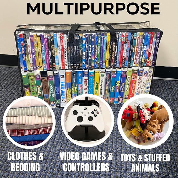 Evelots 2 Pack-VHS Movie Tape Storage Bag/Case, Clear PVC Plastic-Holds 100 Total, Strong Handles-No Dirt/Moisture/Dust