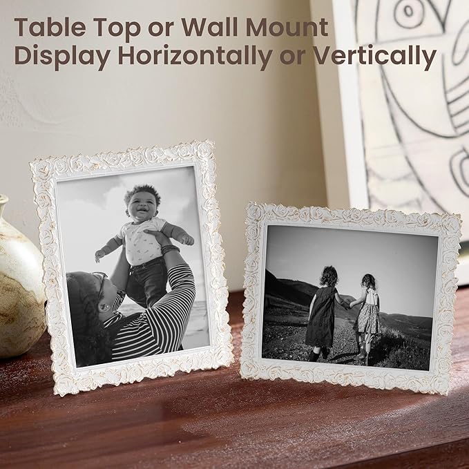 Axeman 8x10 Antique Picture Frame | Vintage 8 x 10 Picture Frame with Real Glass | Ornate Rose 8x10 Frame for Wall & Tabletop Display | Retro 8 x 10 Frame - White Gold