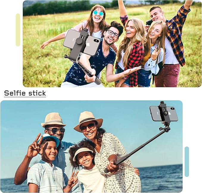 Universal Phone Tripod Mount Adapter with Ｗireless Camera Remote , Cell Phone Holder with Adjustable Clamp for Selfie Stick Monopod Compatible with iPhone, Samsung and so on , Wrist Strap Included