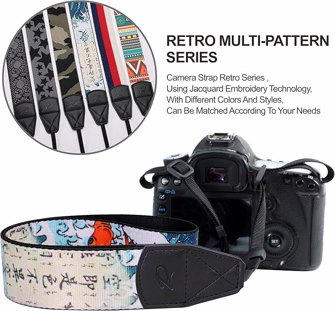 Padwa Lifestyle Chinese Style Camera Strap - 2" Wide Genuine Leather Ends Camera Straps for Photographers, Vintage Chinese Style Print Nylon Strap with Camera Quick Release fits All Cameras