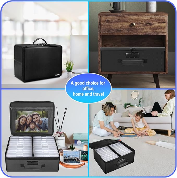 ENGPOW Photo Storage Box with 18 Inner 4" x 6" Photo Case(Clear), Fireproof Photo Organizer with Lock, Collapsible Portable Acid-Free Photo Keeper Craft Storage with Handles for Home, Office, travel
