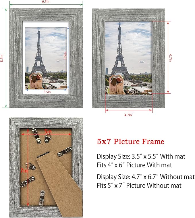 5x7 Picture Frame Set of 4, Made of Real Glass and Grey Wooden Frame, 5 by 7 Photo for Wall or Tabletop - Display Picture 4x6 with Mat or 5x7 Without Mat