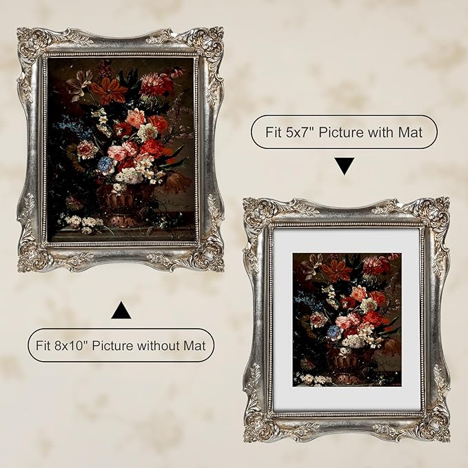 Vintage Picture Frame 8x10, Ornate Baroque Gothic Victorian Frames with Mat for 5x7 or 8x10 Photos, Tabletop or Wall Display, Antique Silver Home Decor Accent