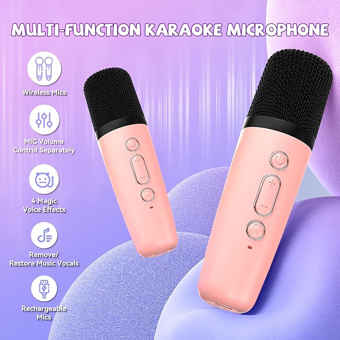 Mini Karaoke Machine for Kids Girls Boys - Birthday Gifts for Ages 4 5 6 7 8+ Year Old - 2026 New est - Portable Bluetooth Speaker with 2 Wireless Microphone - Kids' Instrument Accessories - Pink