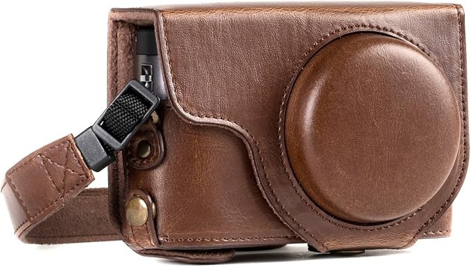 MegaGear MG1259 Ever Ready Leather Camera Case compatible with Panasonic Lumix DC-ZS80, DC-ZS70, DC-TZ95, DC-TZ90 - Dark Brown