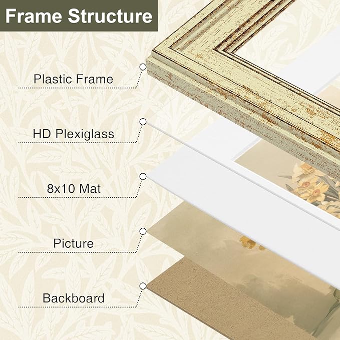 Vittanly 11x14 Picture Frame Set of 4, Vintage Photo Frame for Wall Mount, Display 8x10 Pictures with Mat or 11x14 without Mat, Rustic Farmhouse Home Decor, Green Gold