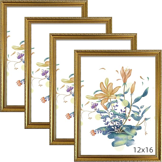 BESCRCL 12x16 Picture Frame Gold, Frames 12 x 16 with Shatterproof Crystal Acrylic for Wall Gallery, 4 Pack