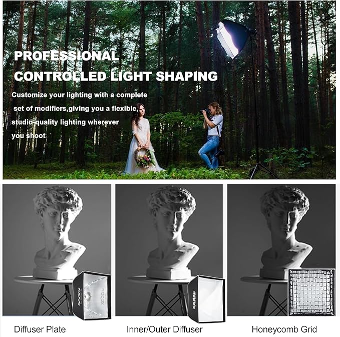 Godox 2pc Quick Release Softbox,UL 24"x24"/60x60cm Bowens Mount Square Soft Box with Grid,Diffuser,Carry Bag for Studio Strobe Flash Continuous Light,Outdoor Photography Video Recording,Live Streaming