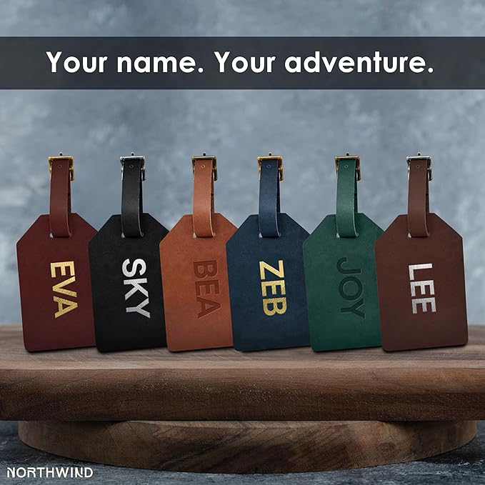 Northwind Personalized Leather Luggage Tag – Made in USA - Custom Monogram Travel Bag Tag, Handmade Premium Leather with Secure Strap, Unique Durable Travel Accessory Gift for Him and Her