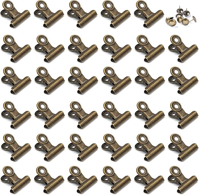 Bulldog Clips with Hole for Push-pin, Paper File Clips with Strong Spring, Small Metal Binder Clips, Seal Clamps for Coffee Tea Food Bags, Decorative Clips for DIY Photo Grid (Bronze, 22 mm)