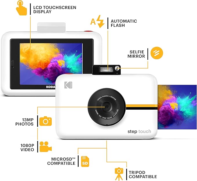 Zink Kodak Step Touch | 13MP Digital Camera & Instant Printer with 3.5” LCD Touchscreen Display, 1080p HD Video (White) Starter Bundle