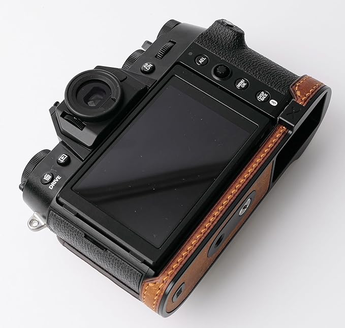 Handmade Genuine Leather Camera Half Case for Fujifilm X-T50 - Top Layer Cowhide Body + Metal Base Plate - Hand Shank Free Design (Yellowish Brown)
