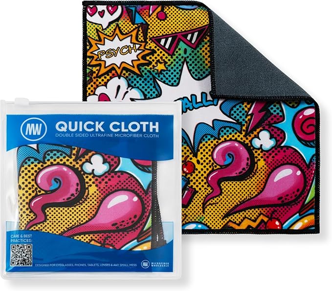 Quick Cloth Microfiber Glasses Cleaning Cloths – 8x8, Popart, 1 Pack with Case | Double-Sided Lens Cleaner for Eyeglasses, Camera, Screens & Glass | Reusable Microfiber Glass Polishing Cloths