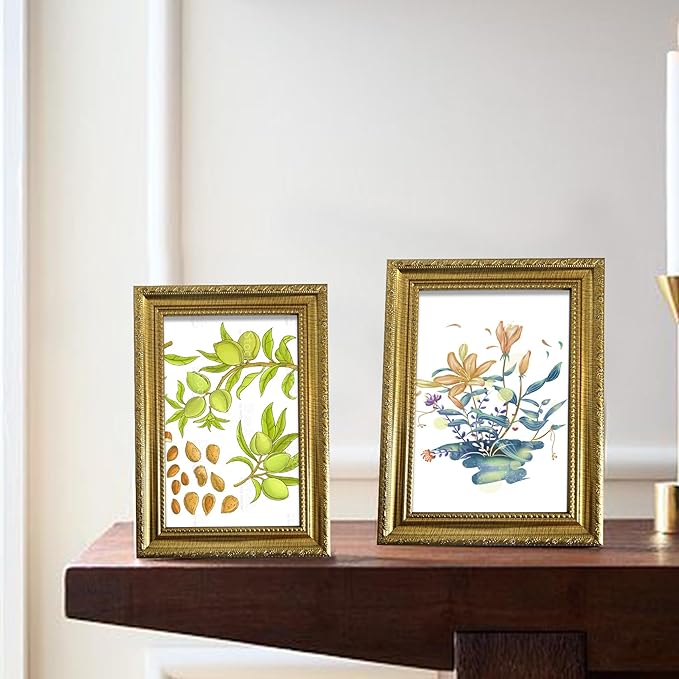 BESCRCL 4x6 Picture Frame Gold with Real Glass, Ornate Vintage 4 x 6 Photo Frames for Wall and Tabletop Display, Set of 4