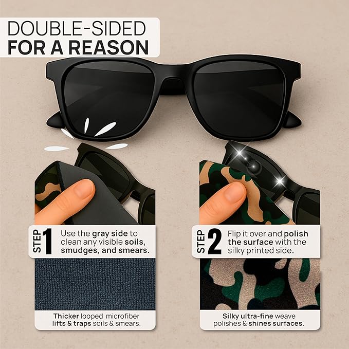 Quick Cloth Microfiber Glasses Cleaning Cloths – 8x8, Camo, 1 Pack with Case | Double-Sided Lens Cleaner for Eyeglasses, Camera, Screens & Glass | Reusable Microfiber Glass Polishing Cloths