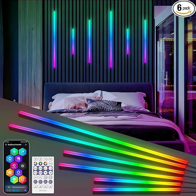 RGB+IC Led Recessed Lighting Kit Wall Panel Lights, 6PCS Smart Color Chasing Wood Slat LED Lights with Alexa & WiFi APP Control, DIY RGB Strip Lighting for Acoustic Panels, Game Room (15″+22″+35″)