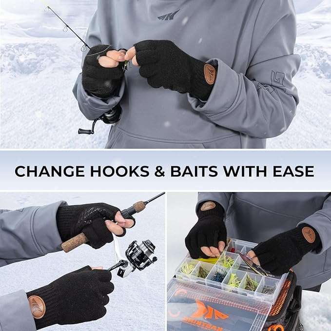 KastKing Bully Wooly 3-Cut Fingerless Wool Fishing Gloves, Cold Weather Warm Winter Gloves for Men & Women, Ice Fishing
