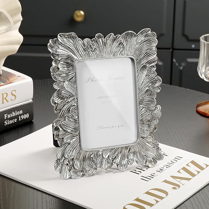 Cuspin Silver 3x5 Picture Frame, Vintage Silver Palm Leaves Textured Hand-Crafted Resin with Glass Front, Small Frames Elegant Wedding Frame for Wall Hanging and Tabletop Display