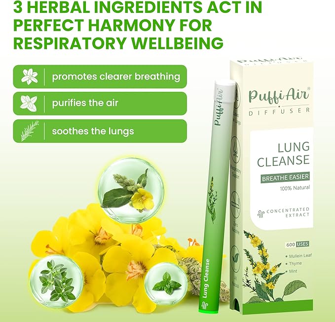 Mullein Herbal Diffuser Upgraded with Extracts of Mullein, Thyme and Mint for Cleansing Lungs, Improving Breathing and Oral Air Freshening - 600 Uses 1 Stick, 1 Pack