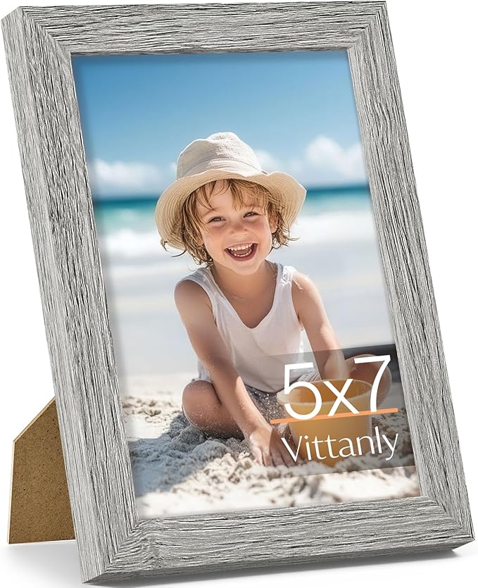 Vittanly 5x7 Picture Frame, Made of Solid Wood and Shatterproof Plexiglass, Wooden Photo Frame for Wall Mounting or Tabletop Display, Picture Frame for Home Decor with Stand, Grey, 1 Pack
