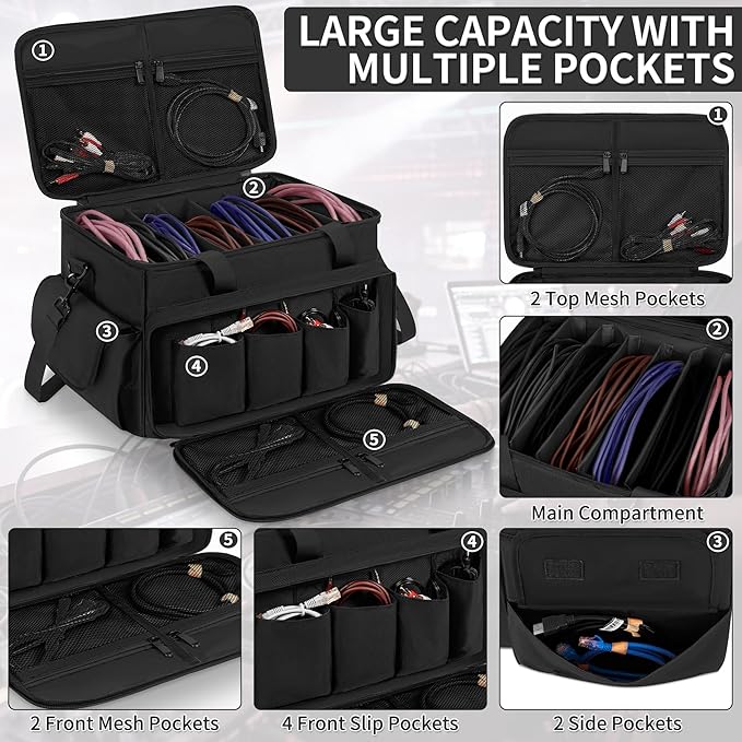 Cable File Bag With Adjustable Dividers Dj Gig Bag for Cables, Cords,DJ Gear,Sound Instrument and Accessories 16L x 11W x 12H inch Black