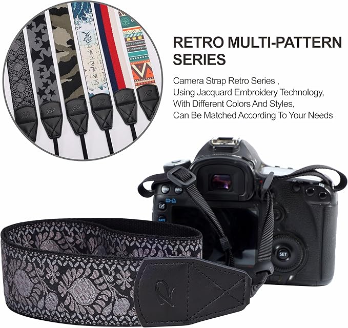 Padwa Lifestyle Camera Strap - 2" Retro Jacquard Embroidery Flower Camera Straps for Photographers,Adjustable Wide Camera Neck/Shoulder Strap with Genuine Leather Head for All DSLR/SLR Digital Cameras