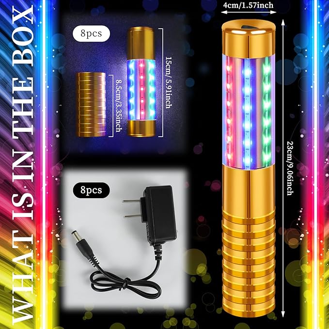 8 Pieces RGB LED Strobe Baton Light Rechargeable Bottle Service Sparklers Stick Reusable Champagne Bottle Handheld LED for Club Stage Nightclub Party Concert Event Bar Outdoor - Gold