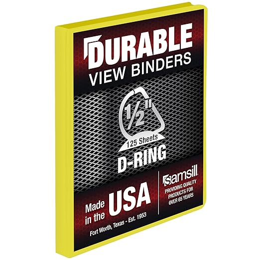 Samsill Durable 0.5 Inch Binder, Made in The USA, D Ring Binder, Customizable Clear View Cover, Lemon Yellow, Holds 125 Pages