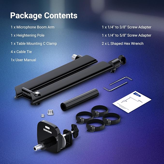 NEEWER Microphone Stand, Low Profile Damped Mic Holder Boom Arm Desk Mount, 360° Ball Head, Upgraded Cable Channels, 3/8" 5/8" Adapters for Podcast Streaming Gaming Studio, Max Load 3.3 lb, MS007