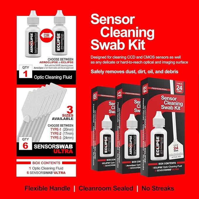 Sensor Cleaning Swab Kit - Aeroclipse Non-Flammable Optic Cleaning Solution (0.5oz/15ml) + Type-3 Sensor Swab Ultra 24mm (Pack of 6) - for Full Frame CMOS and CCD Sensors - Dust & Oil Remover