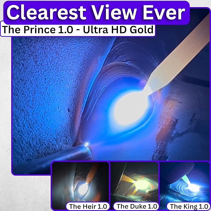 The Prince 1.0 | Shade 5-13 Adjustable Silver Auto Darkening Welding Lens | 2" x 4 1/4" x 0.33" | Adjusts From Shades 5-13 | Silver Front - Light Blue Weld View | Ridge Products Royal Series