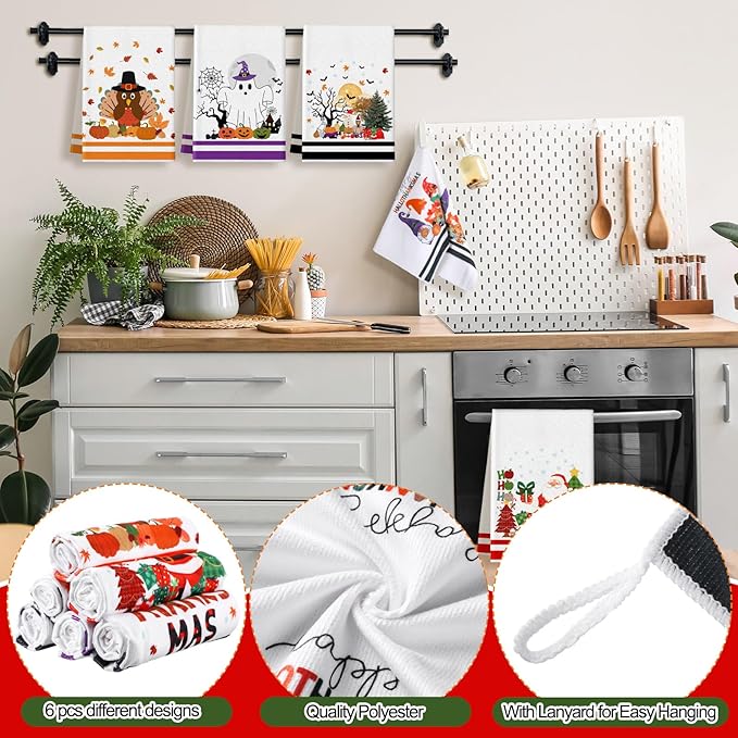Preboun 6 Pcs Holiday Kitchen Towels Halloween Thanksgiving Christmas Hand Towels Hallothanksmas Bathroom Cloth Decorative Colorful Cute Gifts Dish Cloth Farmhouse Kitchen Accessories Decor