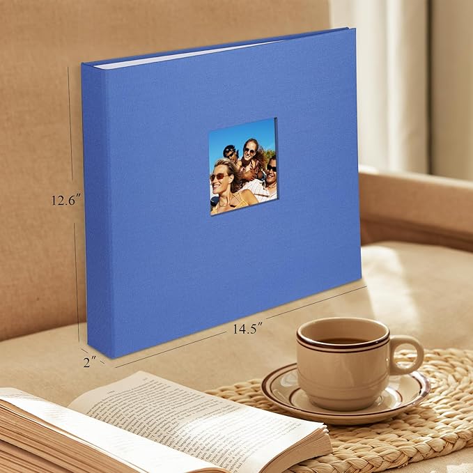 1DOT2 12x12 Inch Large 3 Ring DIY Scrapbook Photo Album Journal with 30 Plastic Sleeves 60 Pages and Fabric Cover for Baby Travel Wedding Couple Anniversary kids Adventure (Blue Cover/White Pages)