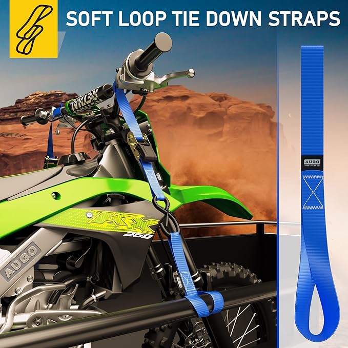 Soft Loop Tie Down Straps - 1,500 Load Capacity & 4,500 Lbs Breaking Strength - 6 Pack - Loops for Securing ATV, UTV, Motorcycles, Scooters, Dirt Bikes, Lawn & Garden Equipment - by AUGO