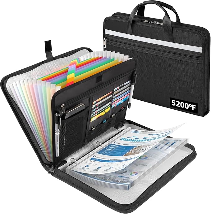 5200℉ Fireproof Document Organizer with 13 Accordion Expanding File Folder, Aluminum Foil Zipper Binder with 30 A4/Letter Sheet Protector, Binder for School Office Home Storage (Black)