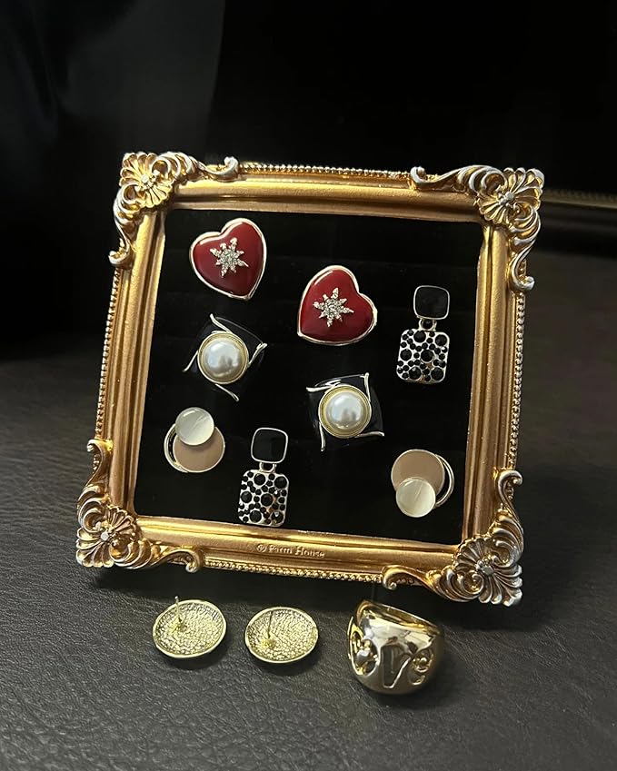 Jewelry Display Stand Vintage Ring Holder Box Earring Tray Retro Picture Frame Style Ring OrganizerJewelry Frame with Velvet