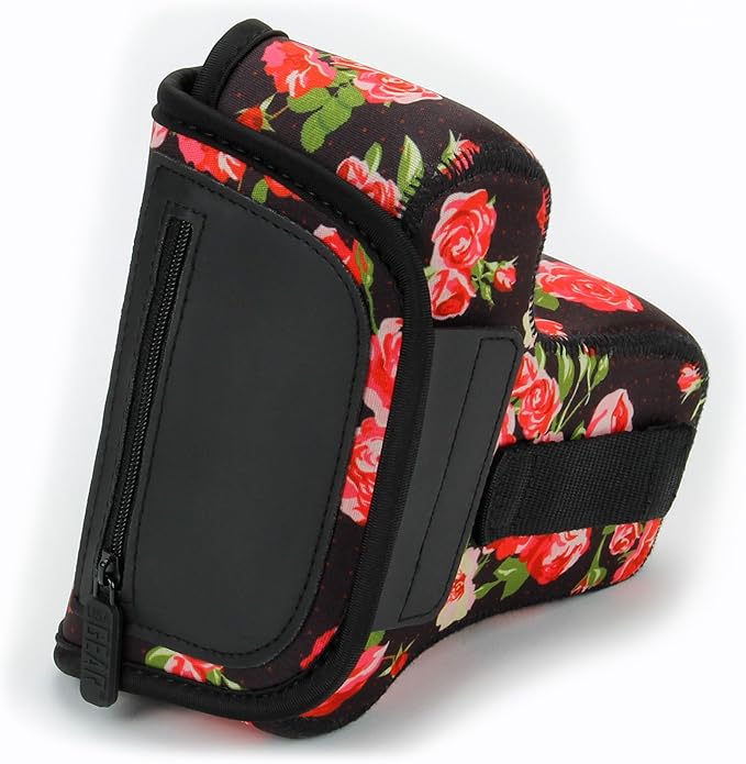 USA Gear Camera Sleeve (Medium) for Compact SLRs Compatible with Canon EOS R100 Nikon Z30 Sony ZV-E10, and more - Padded Neoprene DSLR Case with Zipper Accessory Pocket & Belt Loop (Floral)