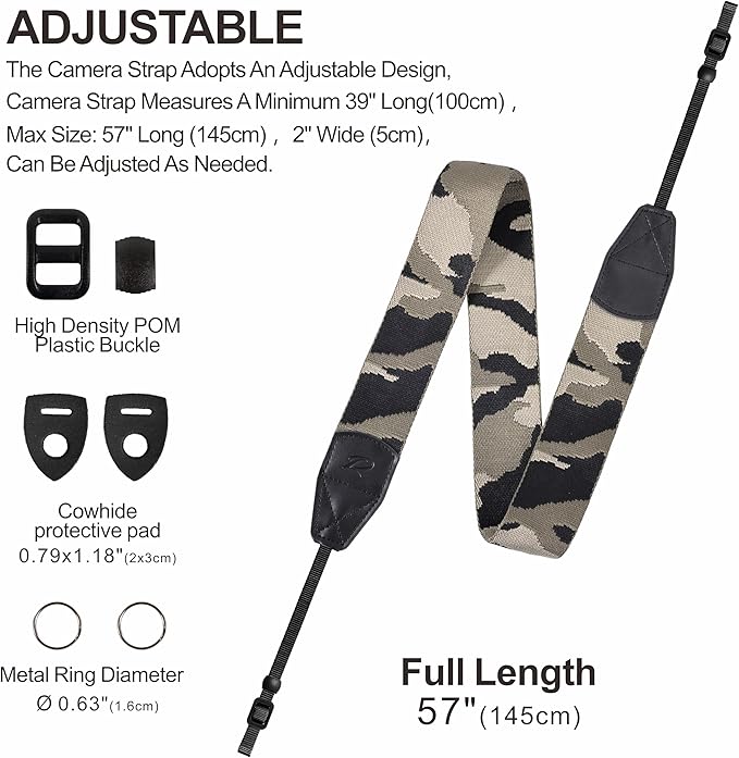 Padwa Lifestyle Camouflage Camera Strap - 2" Wide Genuine Leather Ends Camera Straps for Photographers, Vintage Forest Camo Strap with Camera Quick Release fits All Cameras