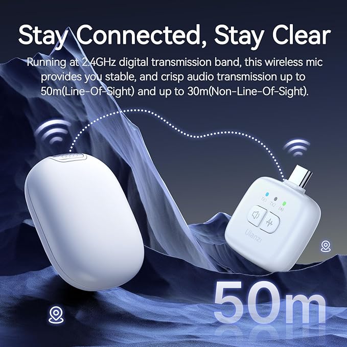ULANZI A30 Tiny Mic Magnetic (White), Wireless Lavalier Microphone Mini Size, Noise Cancellation, 164 ft Range, 20H Battery Life, Lapel Microphone for Video Recording, DSLR, iPhones, Android, PC