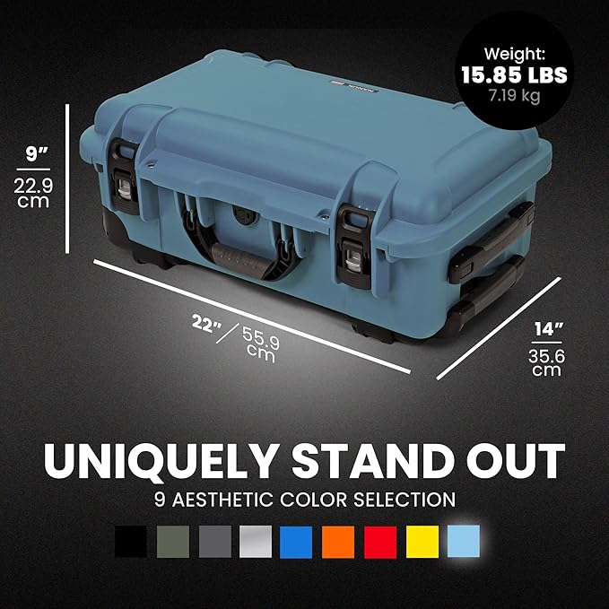 NANUK 935 Hard Case with Padded Divider – Waterproof Equipment Case with Wheels, 22” x 14” x 9” – Dustproof and Impact Resistant, Airline Carry-On Approved – Cyan