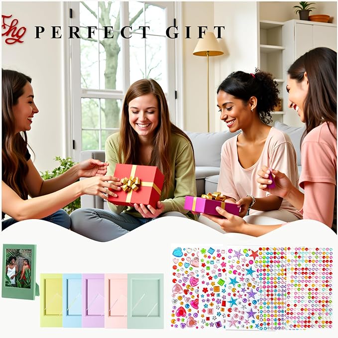 JOYZO（6+5）for Instax Picture Frames and Gem Stickers, fits for Polaroid Instax Mini 12/11/8/7s/90/50/41/SE/EVO Instant Photo Film Desktop Stand Display DIY Kit with Clear Protective Covers