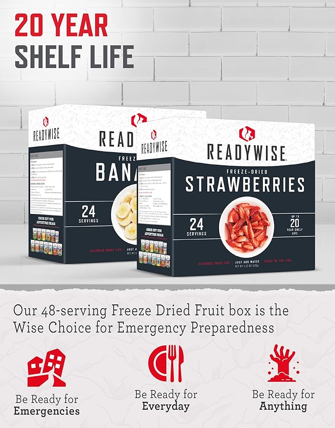 ReadyWise Emergency Food Supply - 48 Servings Freeze Dried Fruits, 2 Boxes, Dehydrated Meals, Survival Prepper Food & Supplies, Camping Essentials for Backpacking & Hiking, up to 25 Year Shelf Life