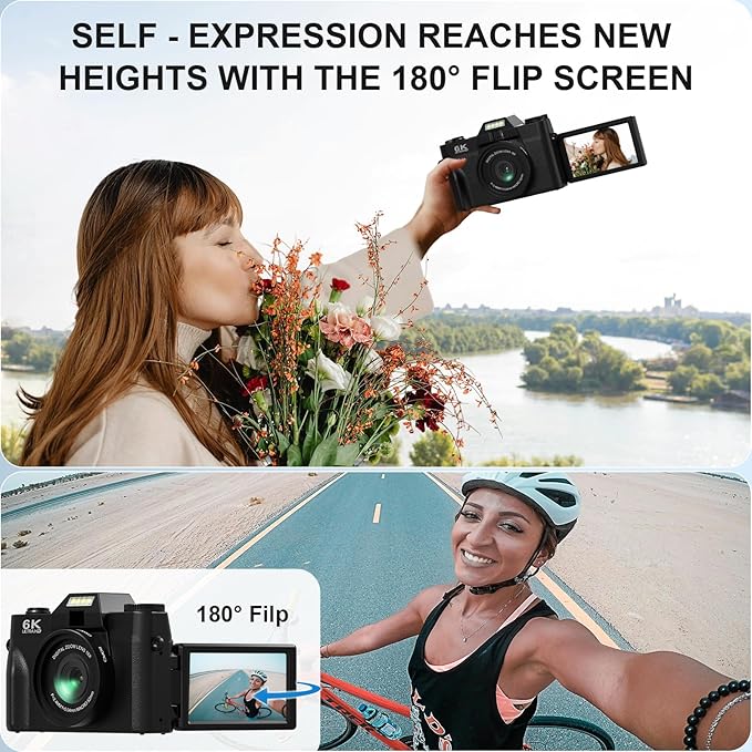 Yatao Digital Cameras for Photography and Vlogging, 6K 64MP Flip Screen, Dual Lens, Microphone for Video, 64GB TF Card, Compact Photo WiFi Camera for YouTube Kit Travel, Beginners (Black)